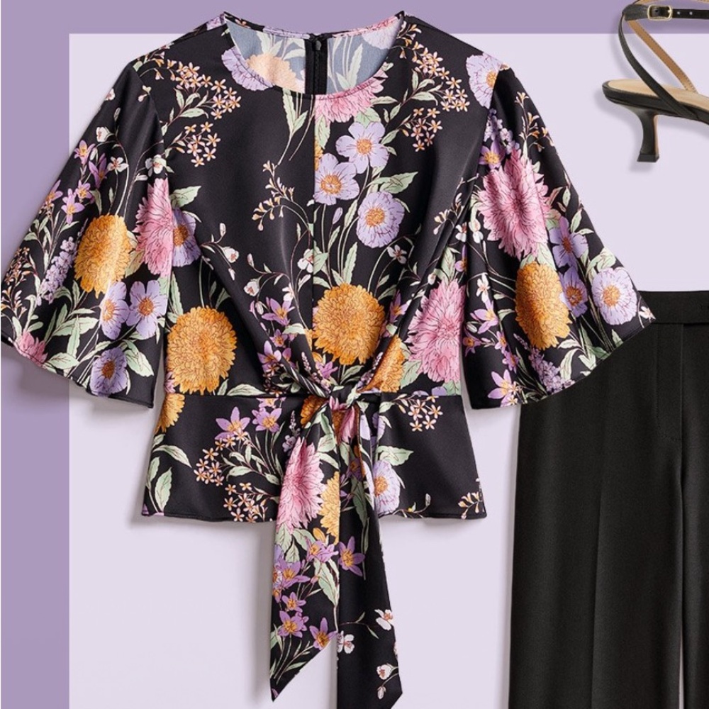 Ann Taylor NWOTFloral Tie-Front Puff Sleeve Top - Black with Pink & Gold Flowers